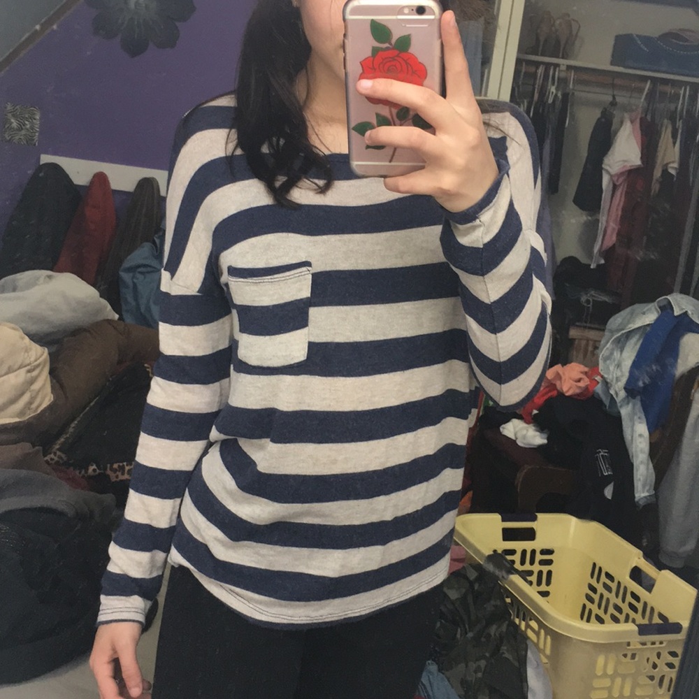 Forever 21 cream & navy striped long sleeve shirt